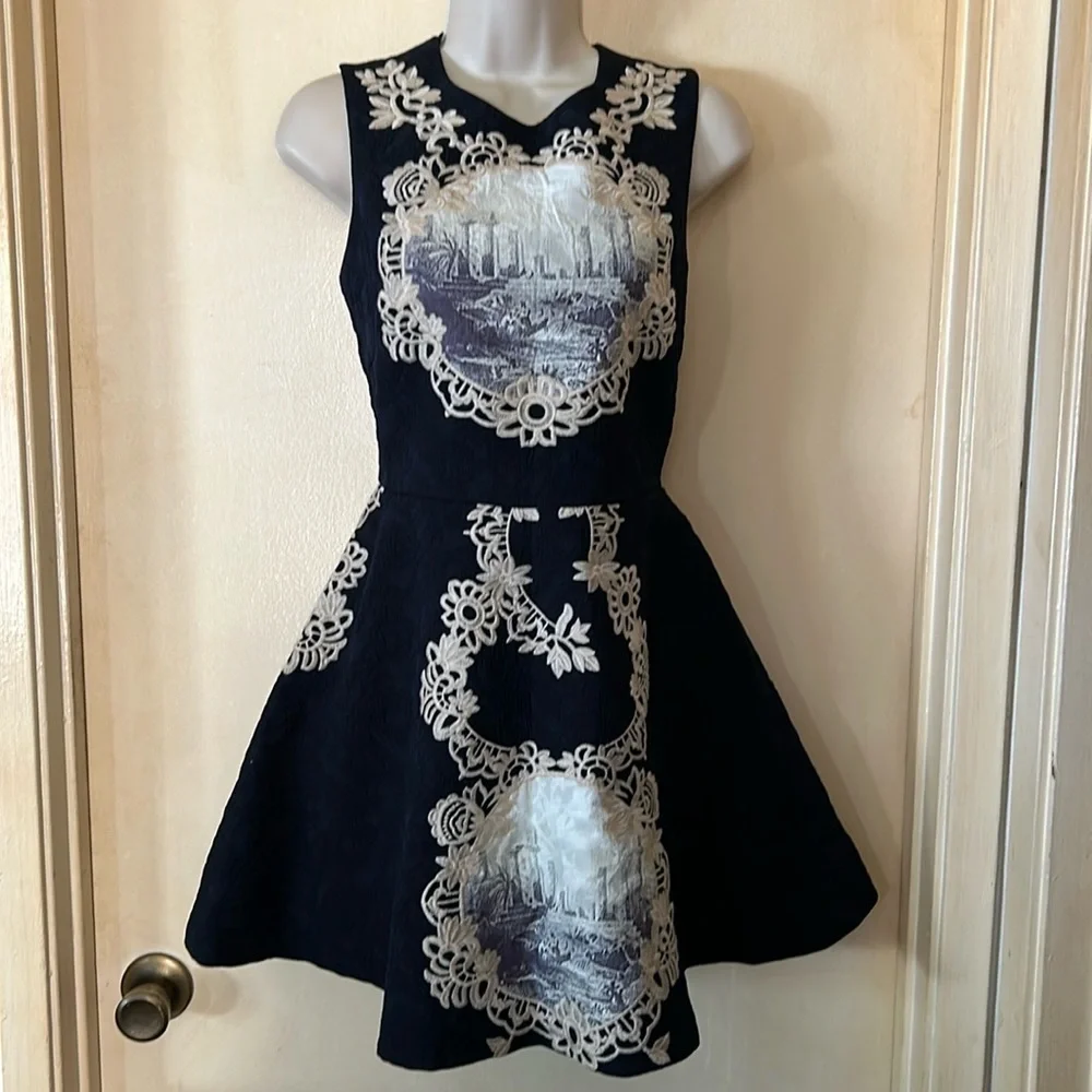 Black silk brocade dress with ivory lace embroidery and watercolor patches sz4 - Picture 1 of 12
